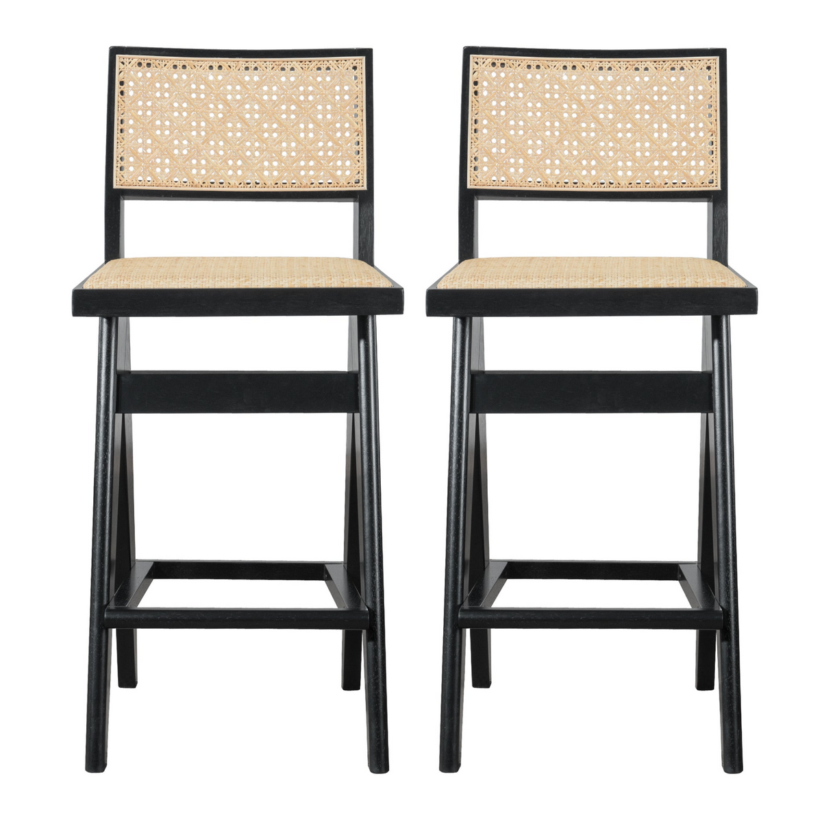 Set of 2 - Rattan Bar Stool with Black Legs