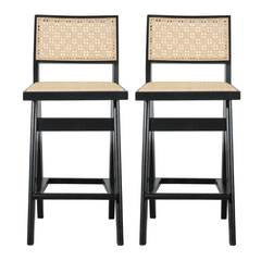 Set of 2 - Rattan Bar Stool with Black Legs