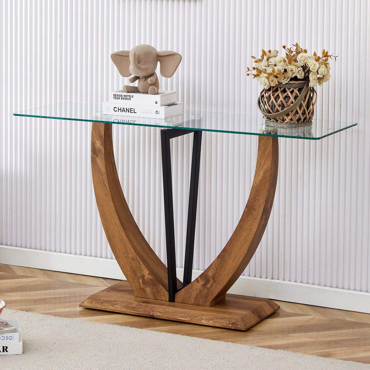 Modern Minimalist Rectangular Glass Table with tempered glass top and MDF wood grain sticker legs