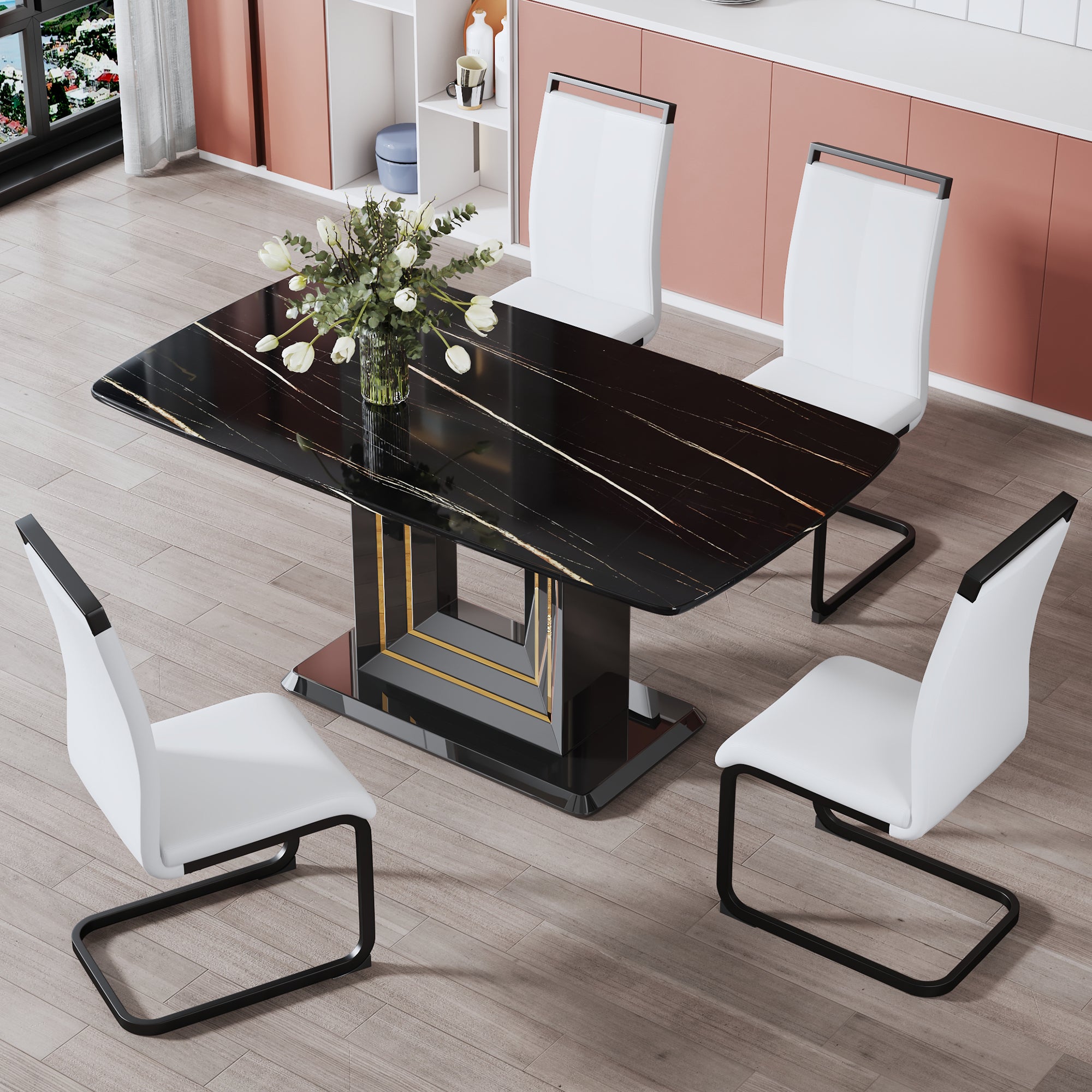 Modern Dining Table with Gold Lines and Black Base