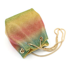 Crystal Rainbow Gradient Evening Bucket Bag, Rhinestone Crossbody Purse, Gold Chain Strap