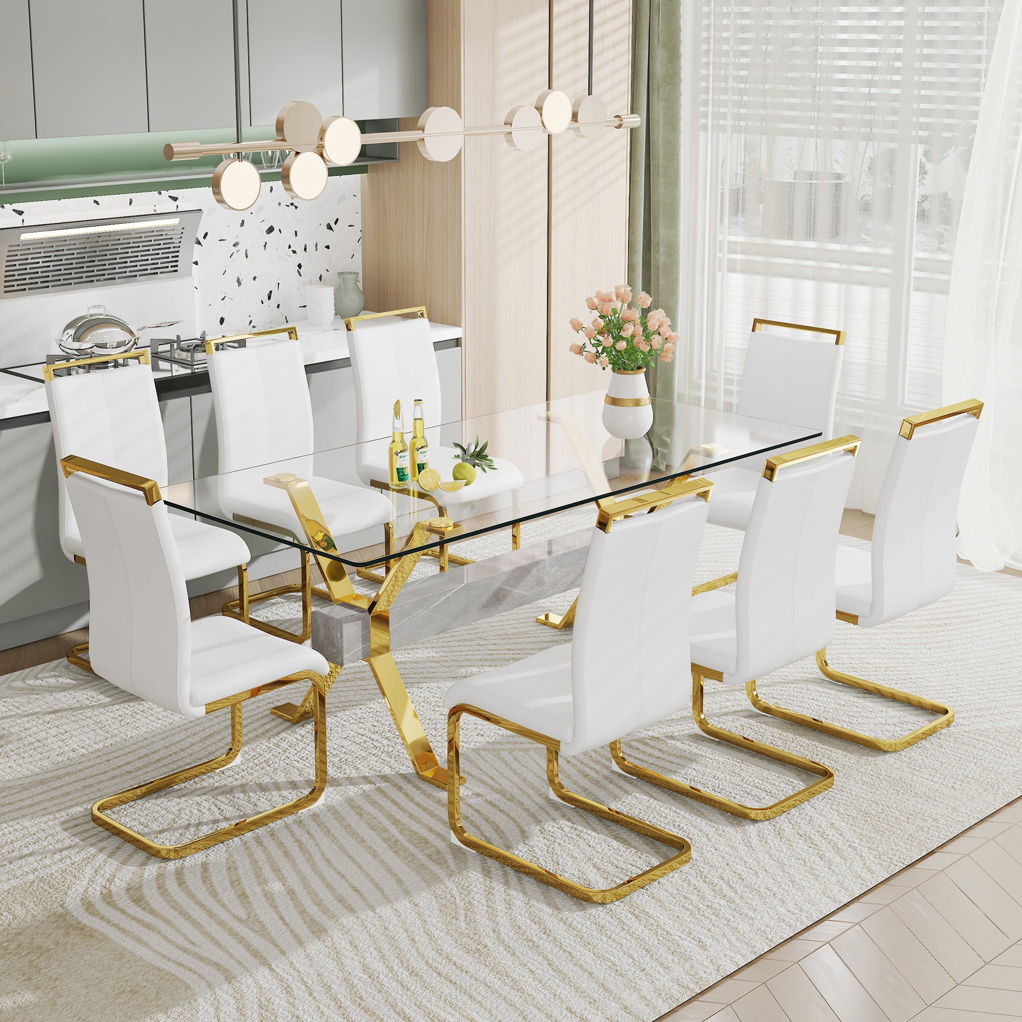 Modern Tempered Glass Dining Table - Transparent with Gold Plated Metal Legs (no chairs included))