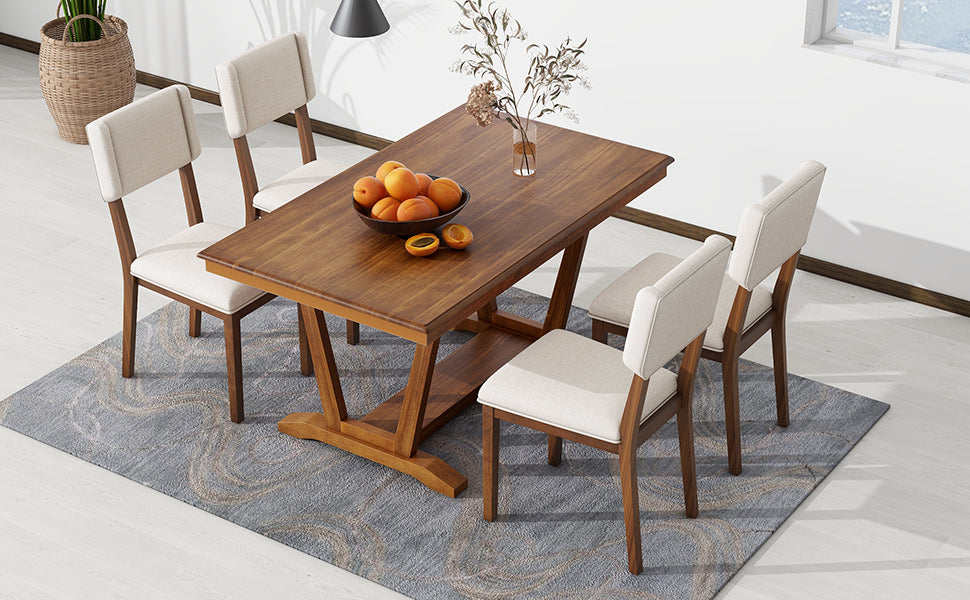 Rustic 5-piece Dining Table Set with 4 Upholstered Chairs - Walnut