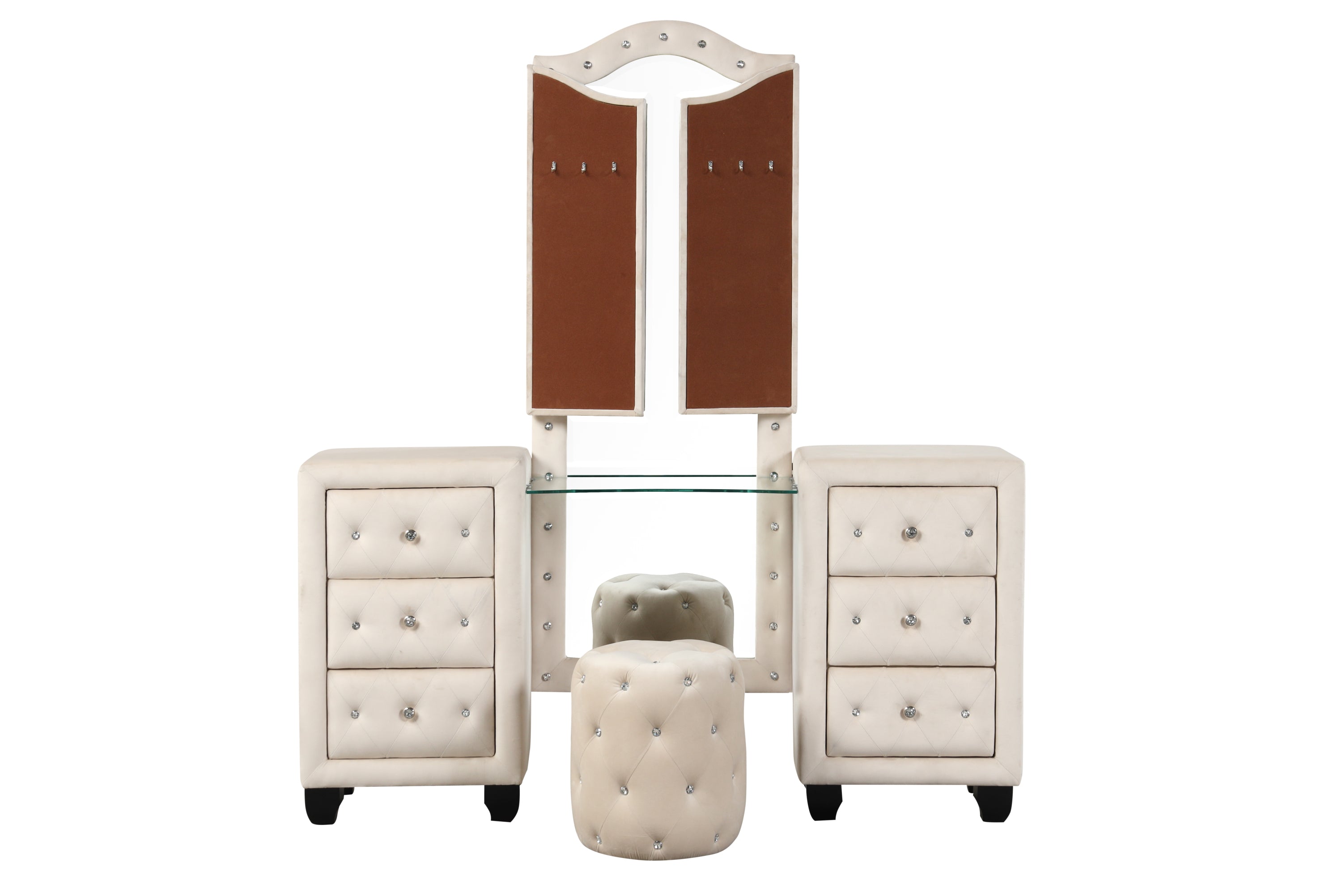 Crystal Tufted Vanity set Made with Wood in Cream