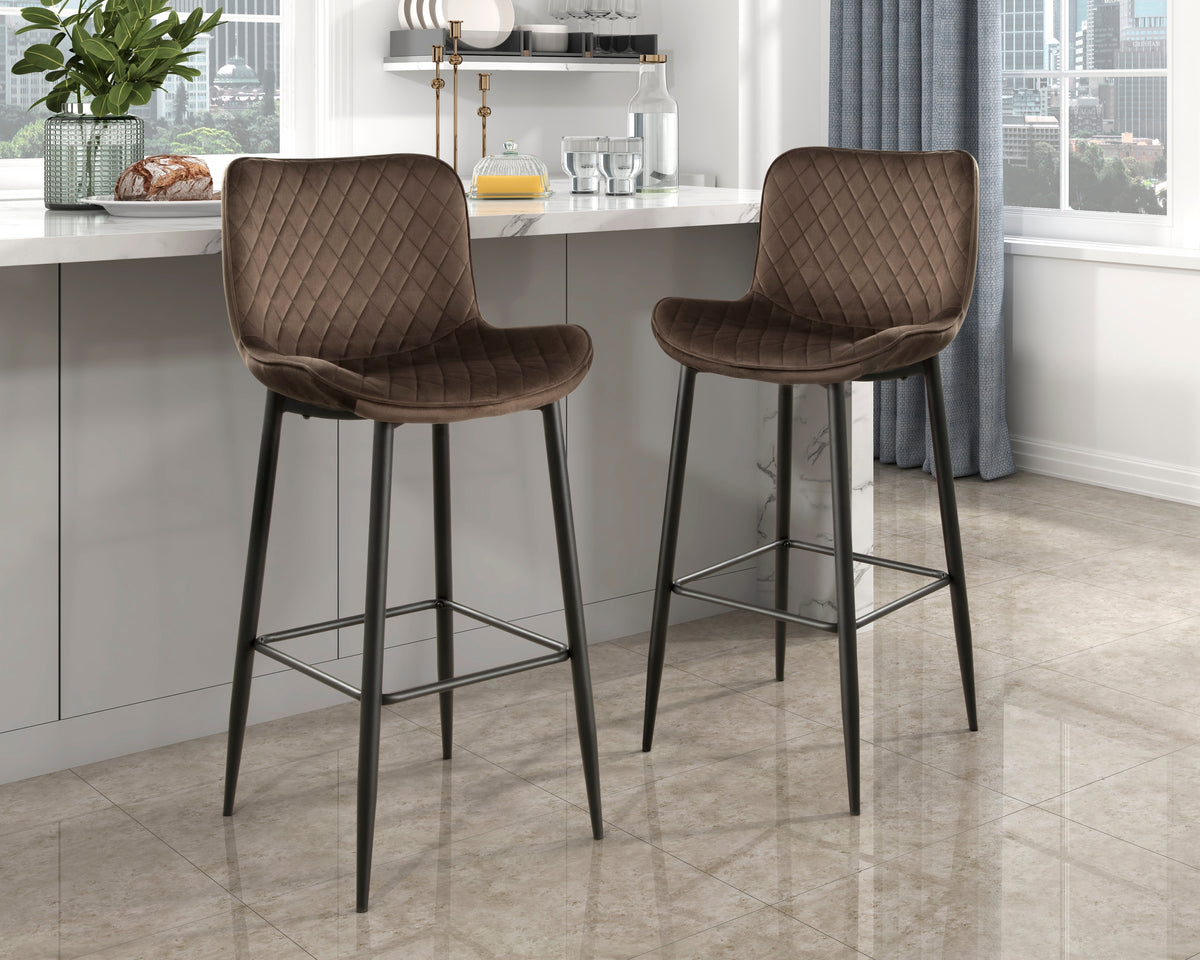 Set of 2 Pub Height Chairs Brown Velvet Upholstery Modern with Metal Legs, 29-inch Seat Height