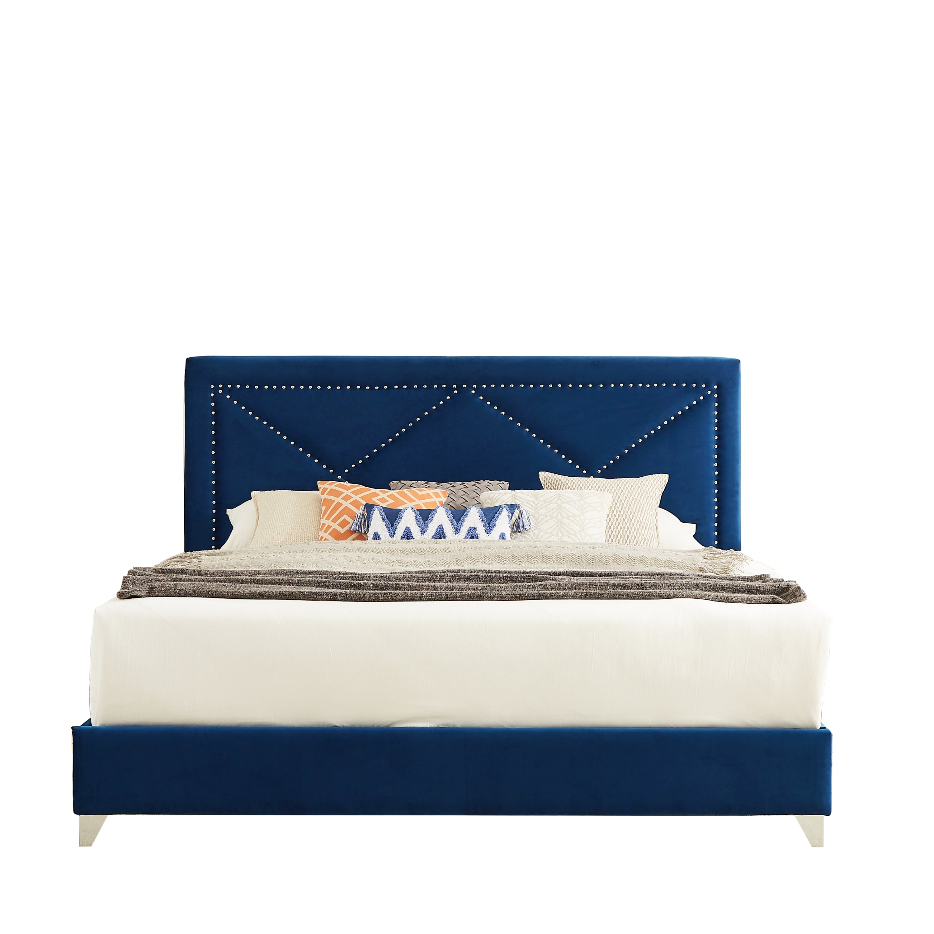 King Bed with Beautiful Brass Studs Adorn - Blue