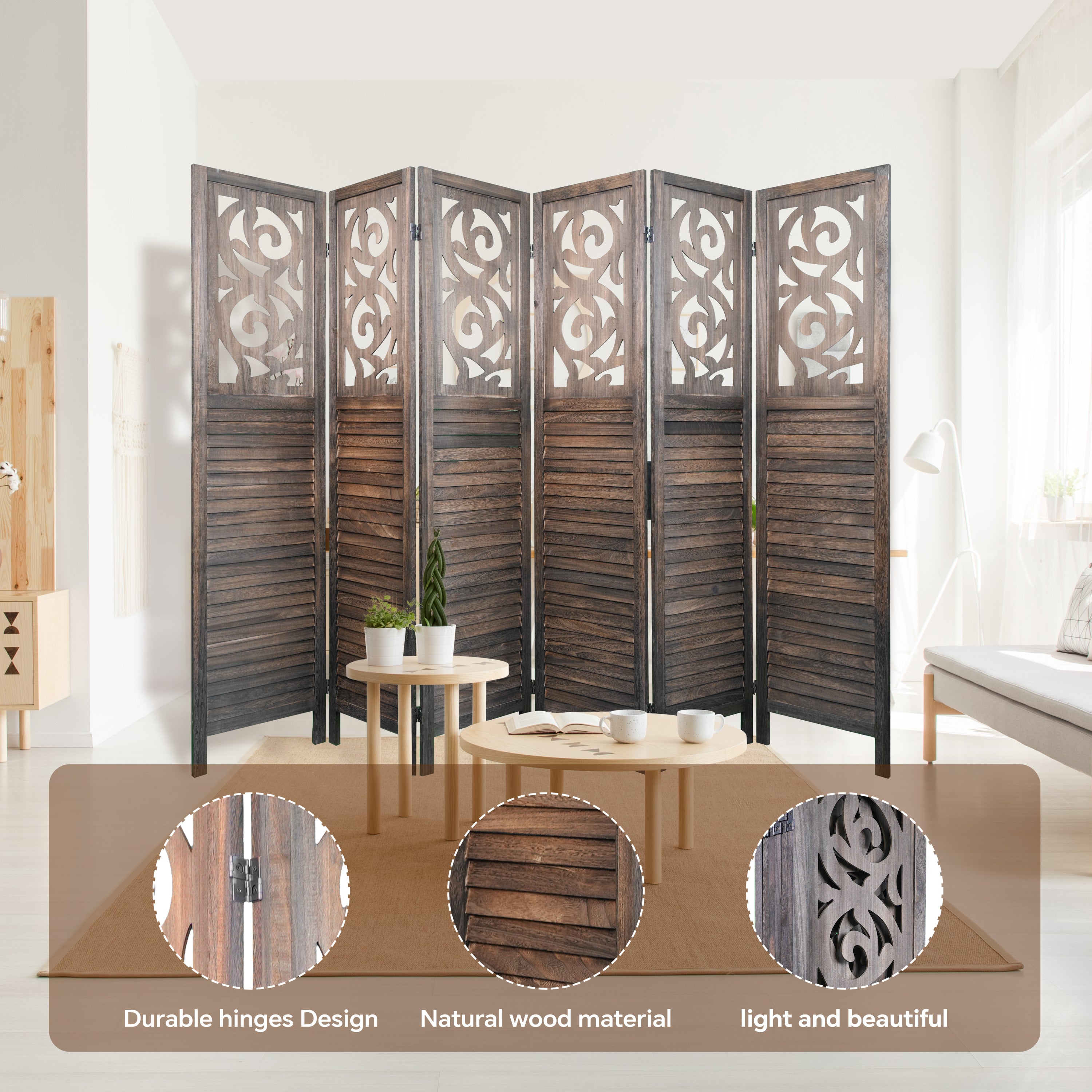 8 Panel Room Dividers, 6FT Carved Wood - Rustic Brown