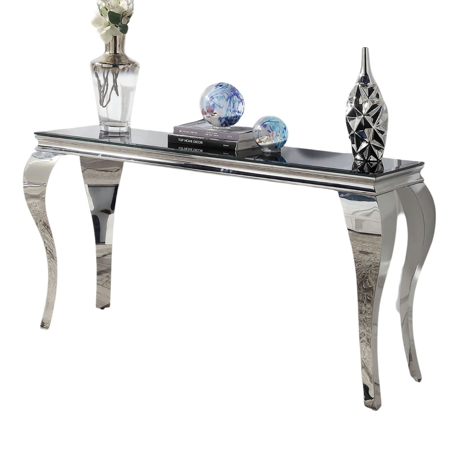 Glam Contemporary Console Table Black Glass Top Silver Color for Living Room Stainless Steel Cabriole-Style Legs