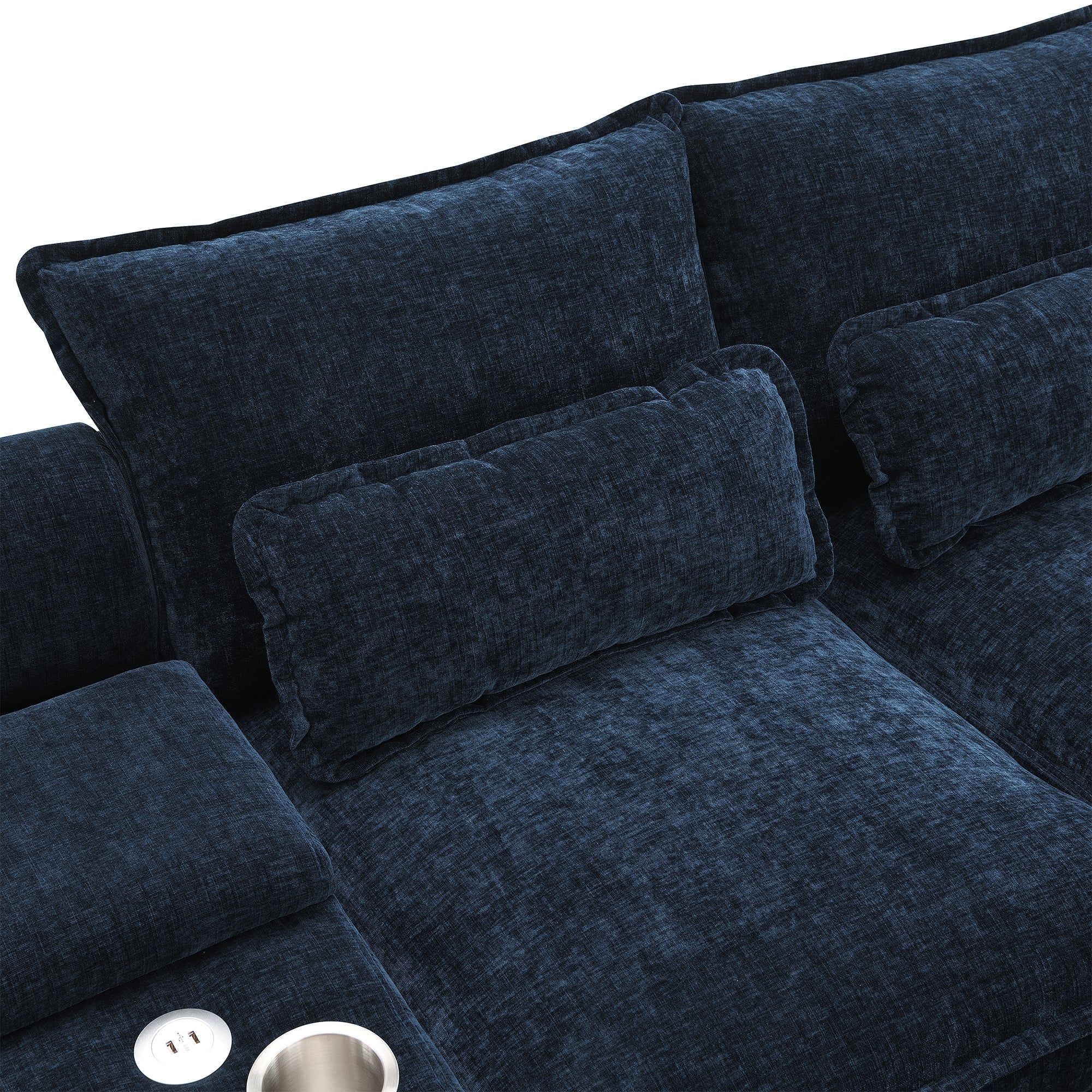 Modern Blue U-shaped Sofa with Cupholders and USB Ports, 6-seat Upholstered Symmetrical Indoor Furniture