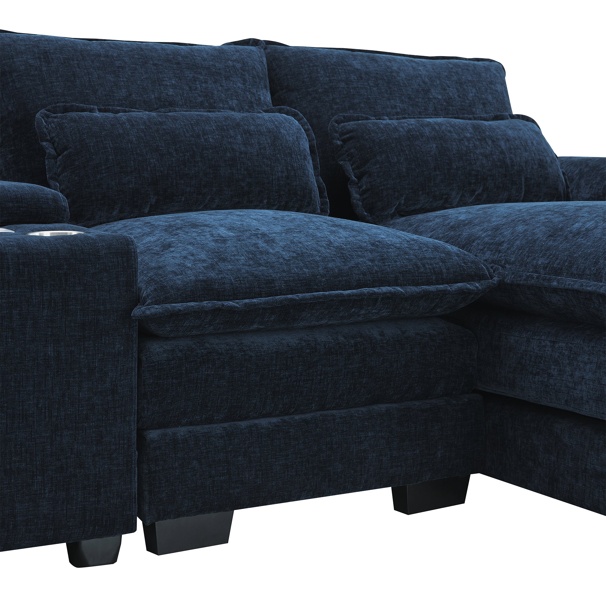 Modern Blue U-shaped Sofa with Cupholders and USB Ports, 6-seat Upholstered Symmetrical Indoor Furniture