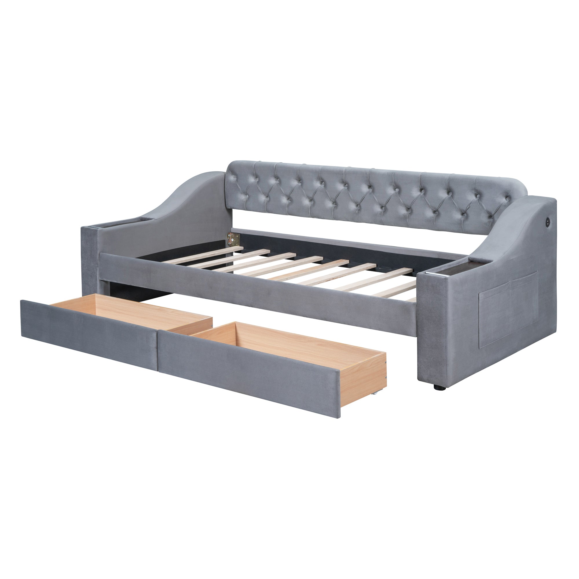 Twin Size Upholstered Daybed with Storage Armrests and USB Port - Gray