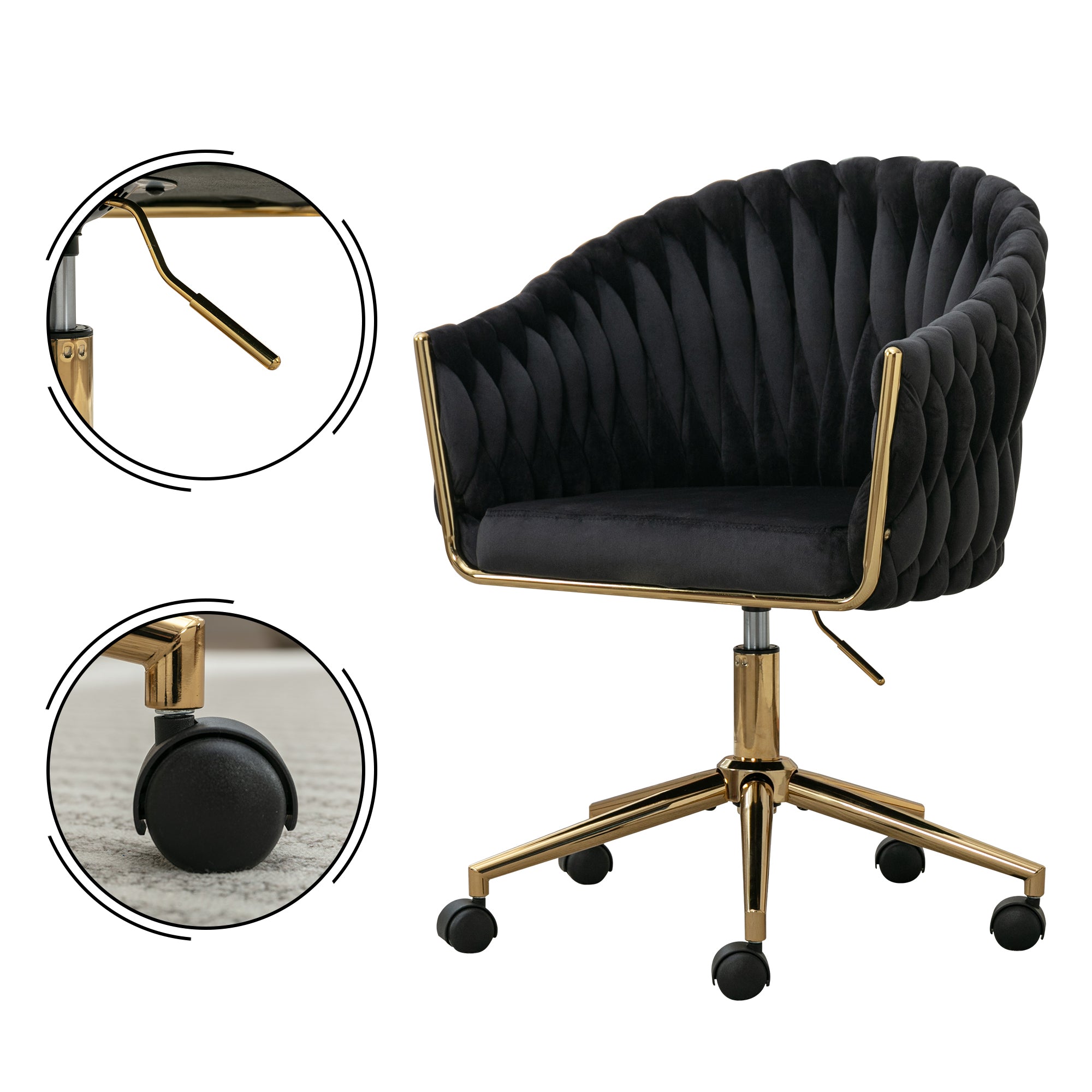 Modern Home Office Leisure Chair with Adjustable Velvet Height and Adjustable Casters - Black