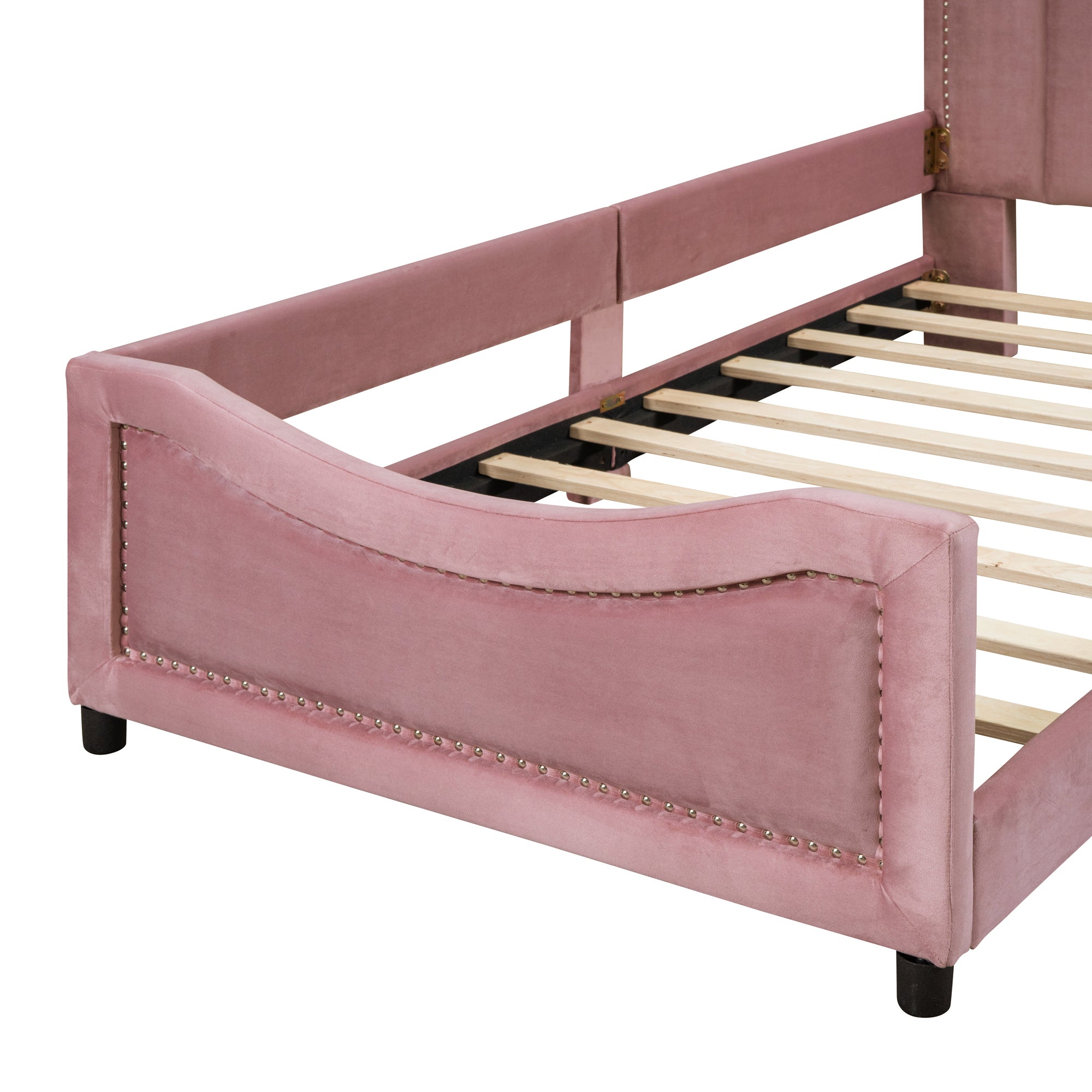 Twin Size Upholstered Daybed with Classic Stripe Shaped  Headboard - Pink