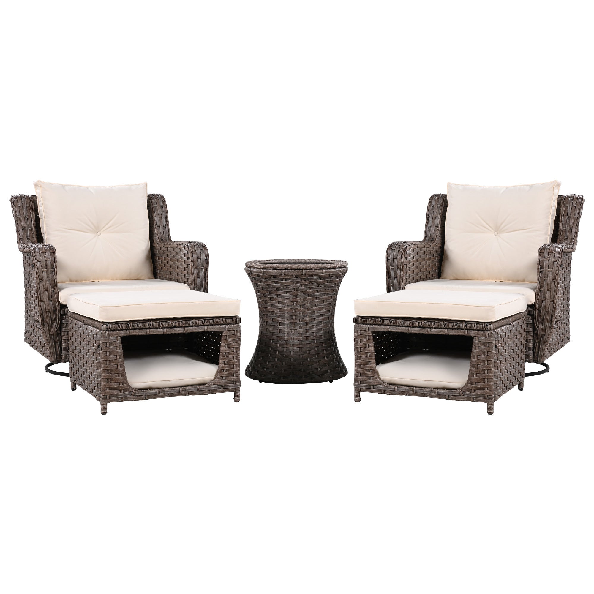 5 Pieces Outdoor Patio Furniture Set with Pet House Cool Bar and Retractable Side Tray, Rattan Wicker Patio Swivel Rocking Chairs Set of 2 with Ottomans - Beige