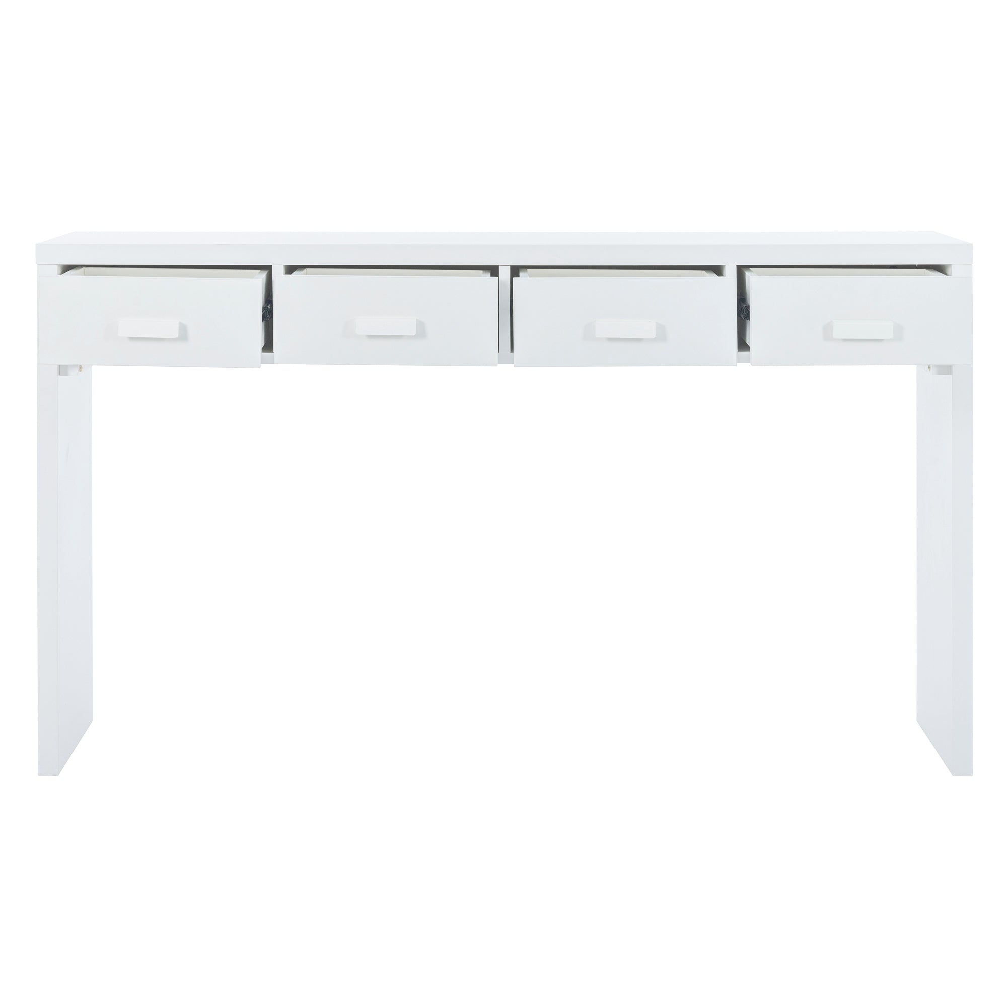 Modern Minimalist Console Table with Open Tabletop and Four Drawers with Metal Handles - White