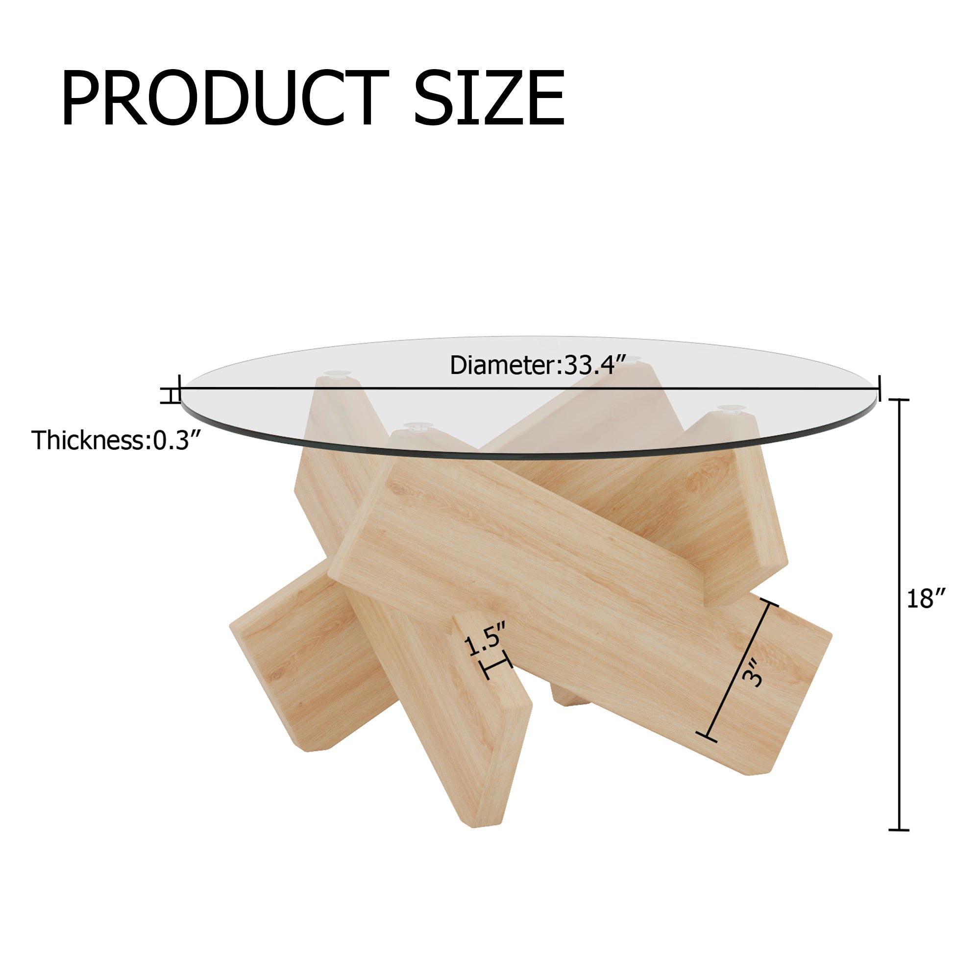 Circular Glass Coffee Table, 33.4-inch Modern, Tempered Glass Countertop, Wood Colored MDF Table Legs