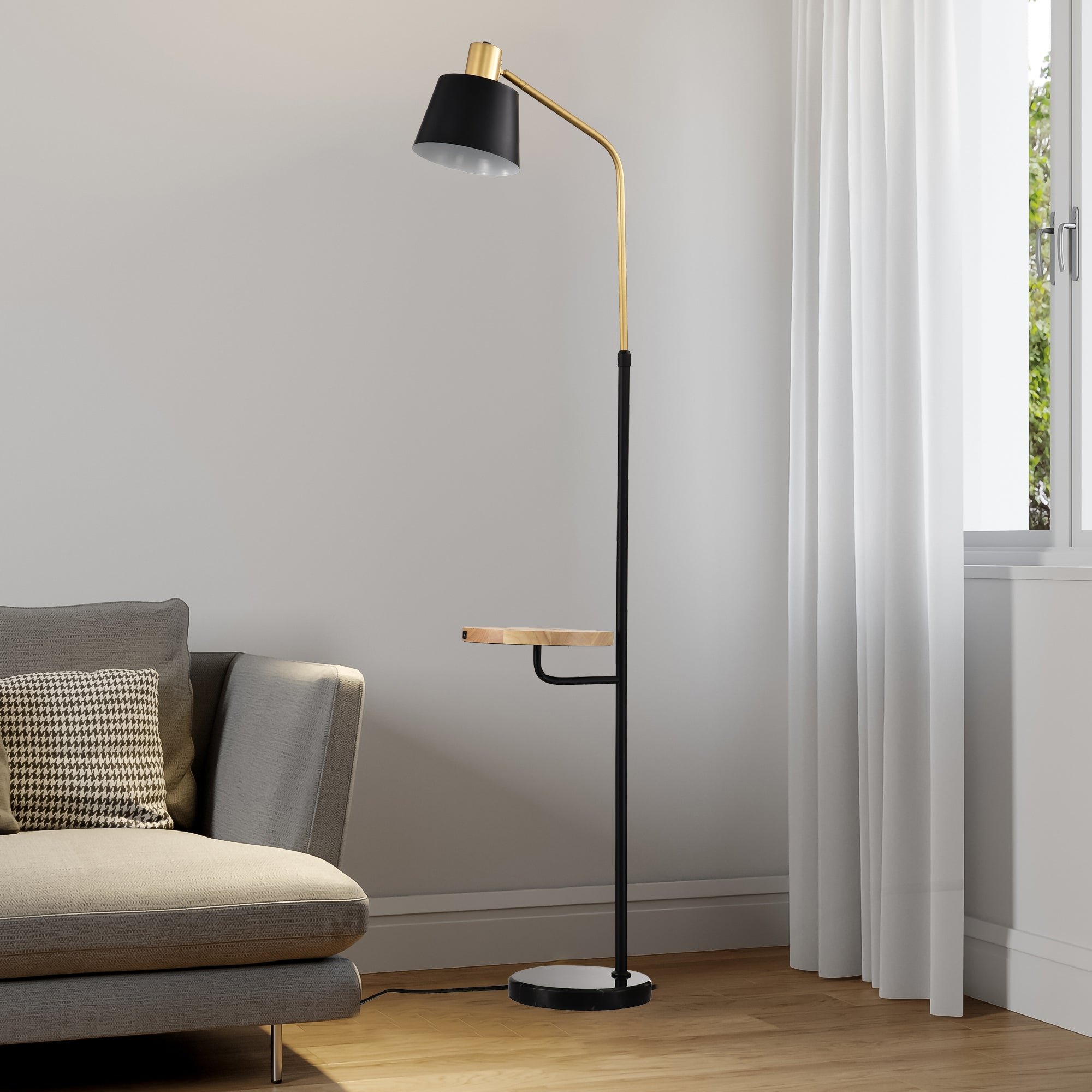 Real Marble Floor Lamp with Wood Bedside Nightstand End Table and Built-in USB Charging Port - Matte Gold + Matte Black