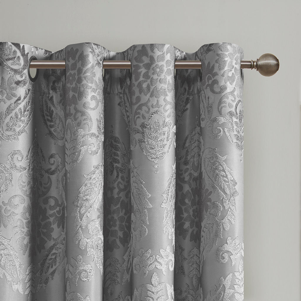 Knitted Jacquard Paisley Total Blackout Grommet Top Curtain Panel - Grey