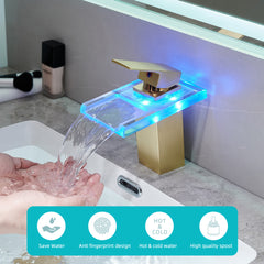 Bathroom Sink Faucet LED Light 3 Colors Changing Waterfall Glass- Gold