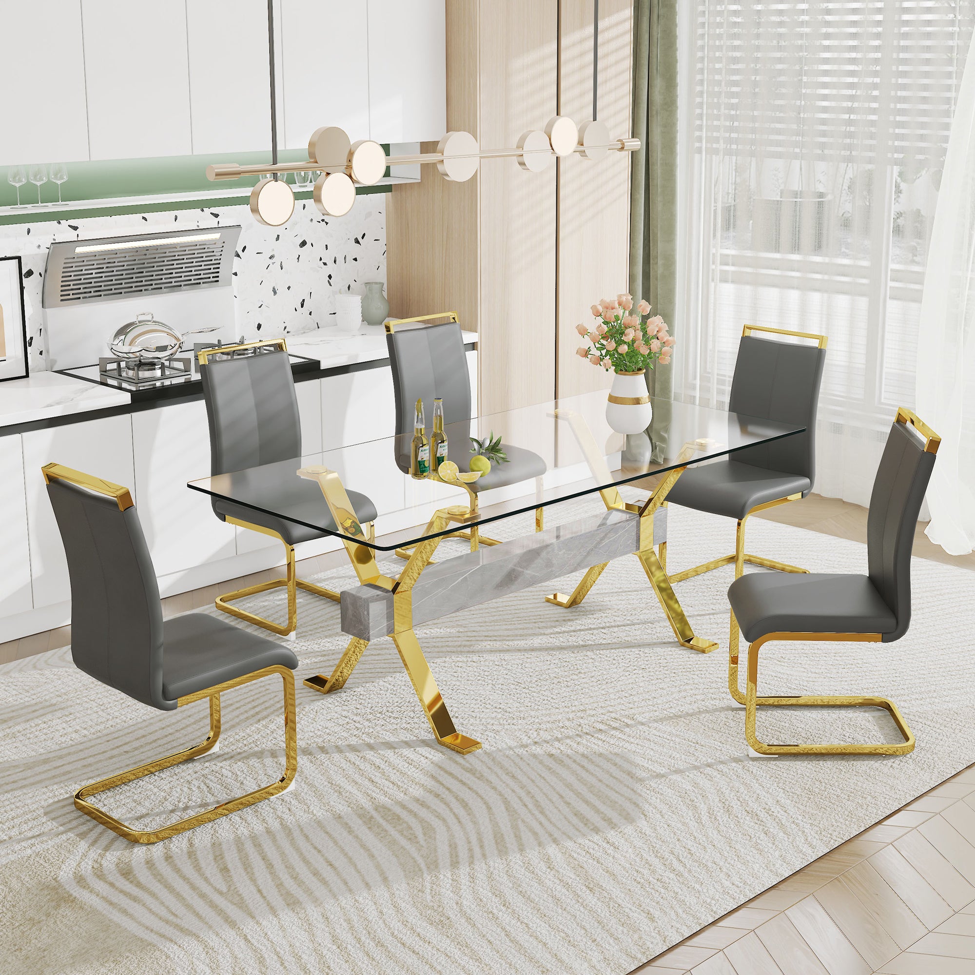 Modern Tempered Glass Dining Table - Transparent with Gold Plated Metal Legs (no chairs included))