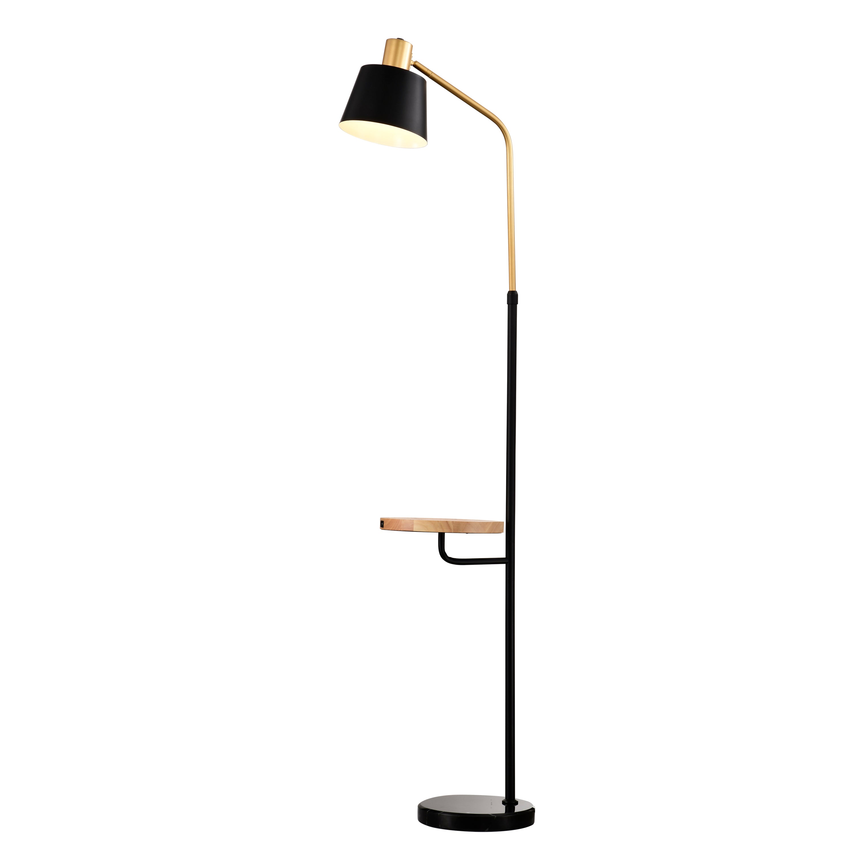 Real Marble Floor Lamp with Wood Bedside Nightstand End Table and Built-in USB Charging Port - Matte Gold + Matte Black