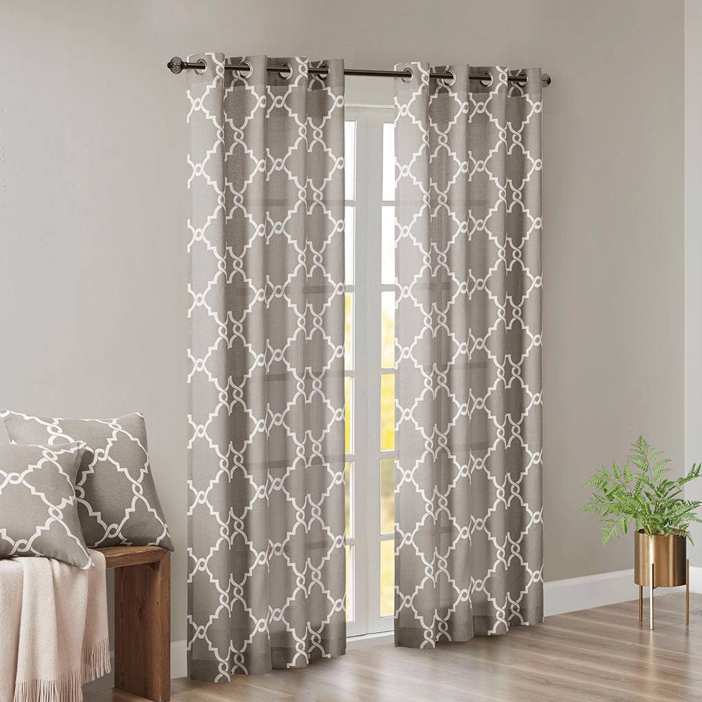 Fretwork Print Grommet Top Window Curtain Panel - Grey+White