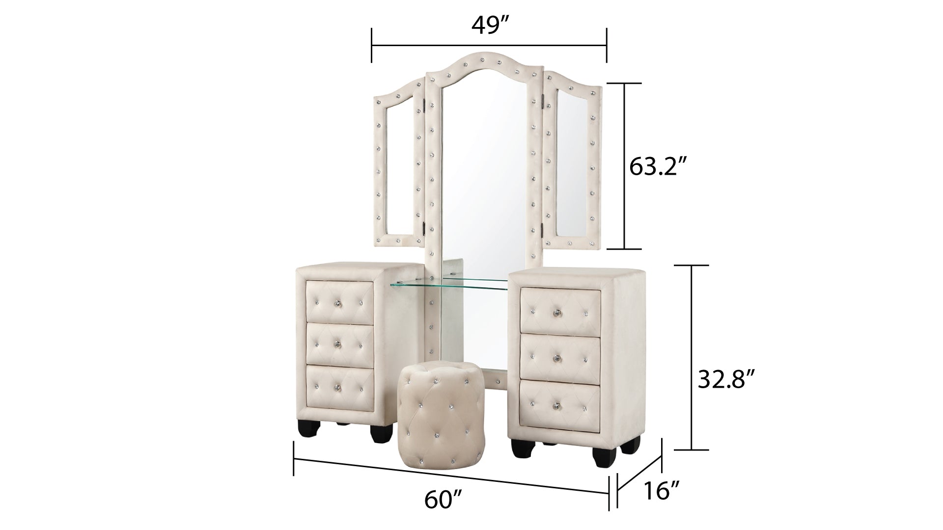 Crystal Tufted Vanity set Made with Wood in Cream