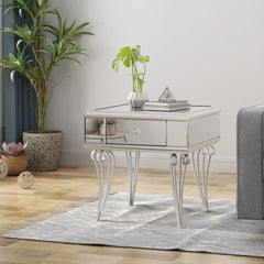 Mirrored Silver End Table Nightstand with 1 drawer for Bedroom or Living Room