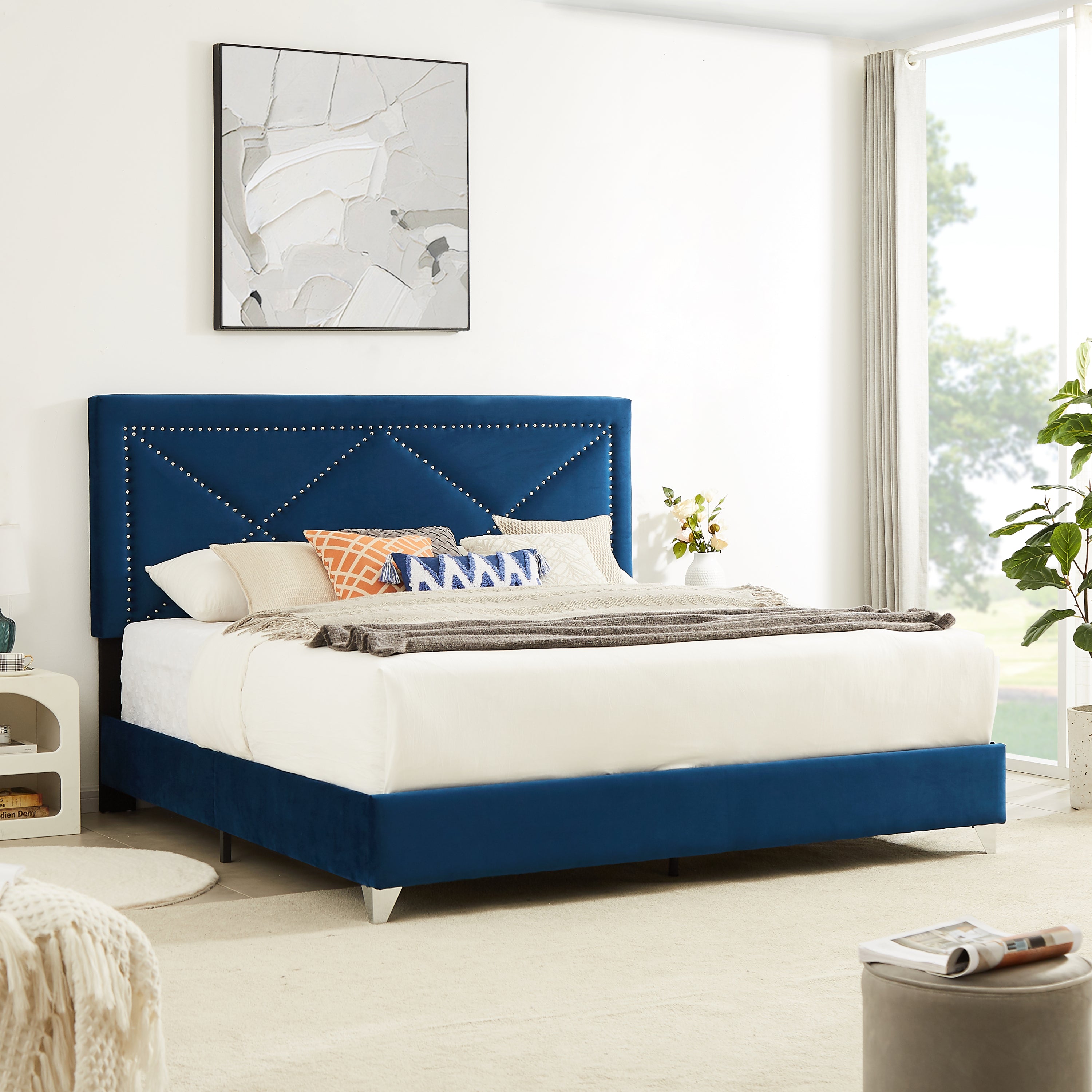 King Bed with Beautiful Brass Studs Adorn - Blue