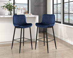 Set of 2 Pub Height Chairs Dark Blue Velvet Upholstery Modern 29-inch Seat Height Bar Stools