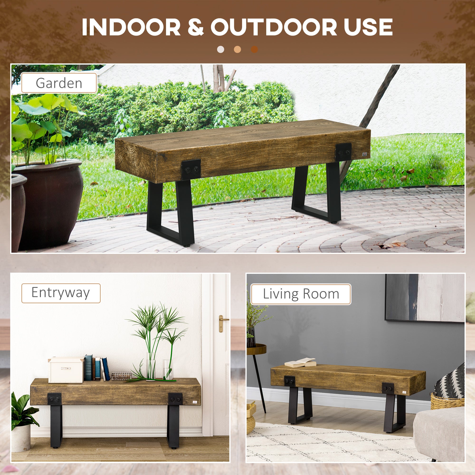 Garden Bench with Metal Legs, Rustic Wood Effect Concrete Entryway Bench, Indoor Outdoor Use for Patio, Park, Porch and Lawn, Natural and Black