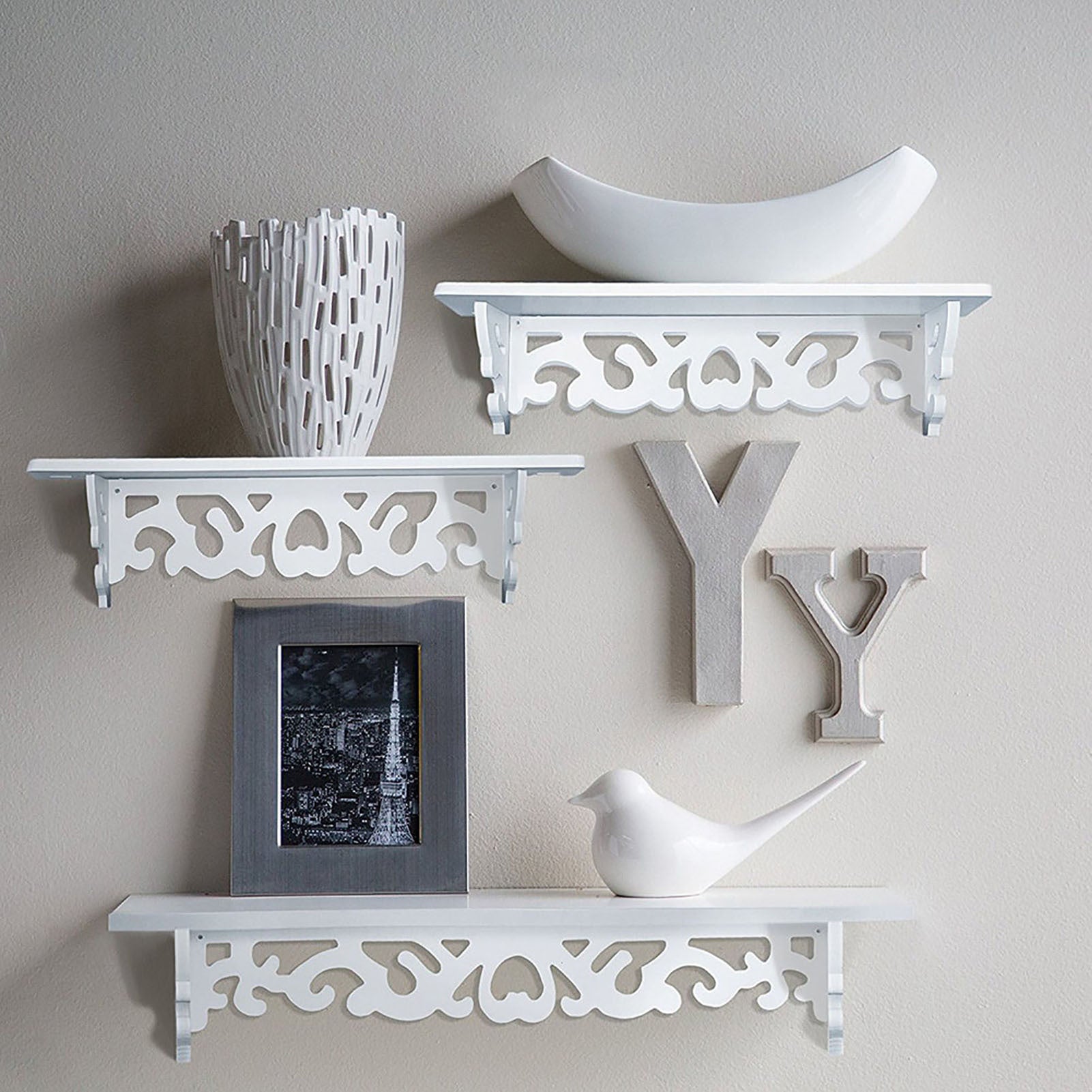 Set of 3 Shabby Floating Wall Shelves Bookshelf Display Wall Shelf Storage Rack - White