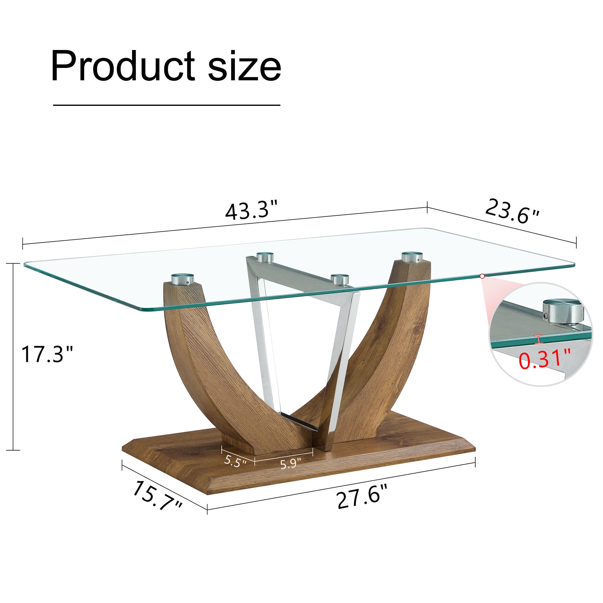 Modern Minimalist Transparent Tempered Glass Coffee Table with Wooden MDF legs and Stainless Steel Decorative Columns