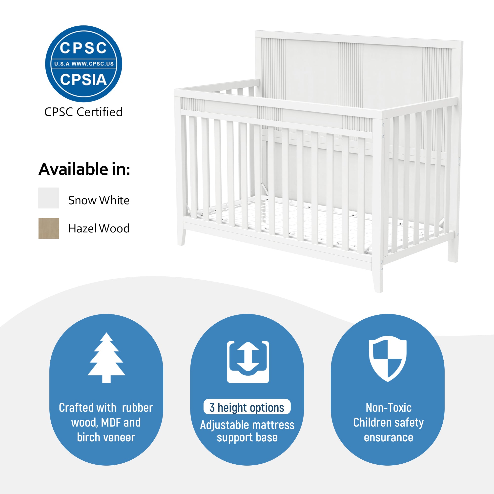 Certified Baby Safe Crib, Pine Solid Wood, Non-Toxic Finish, Snow White