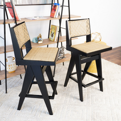 Set of 2 - Rattan Bar Stool with Black Legs