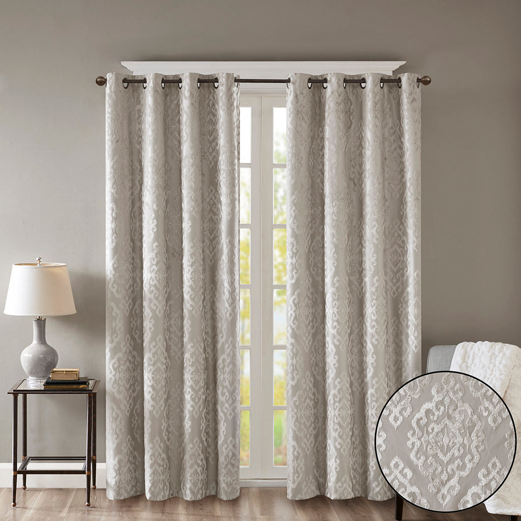 Knitted Jacquard Damask Total Blackout Grommet Top Curtain Panel - Silver