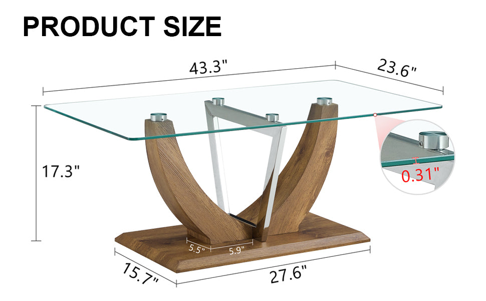 Modern Minimalist Transparent Tempered Glass Coffee Table with Wooden MDF legs and Stainless Steel Decorative Columns