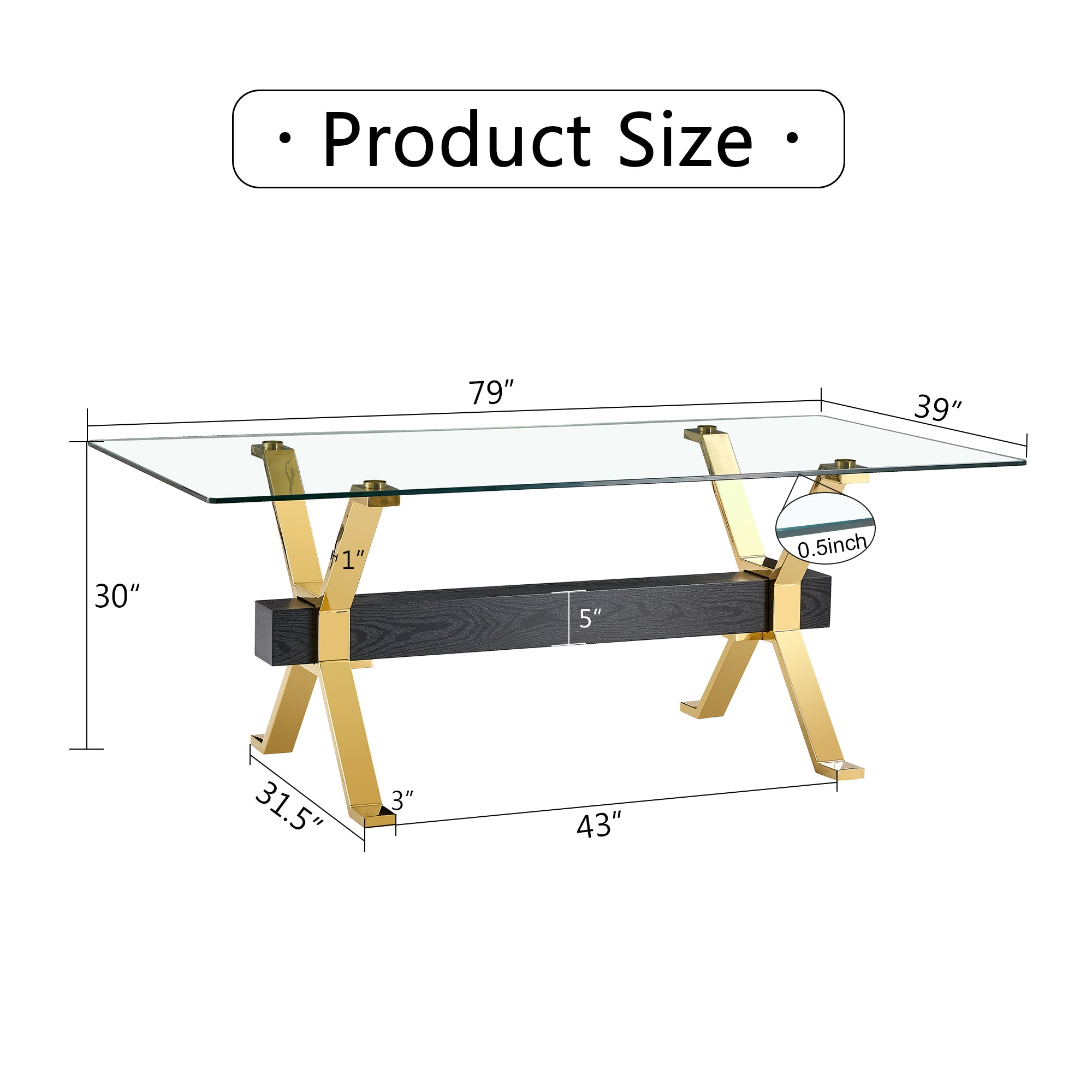 Modern And Luxurious Tempered Glass Rectangular Dining Table With 8 Black PU Gold Plated Leg Chairs