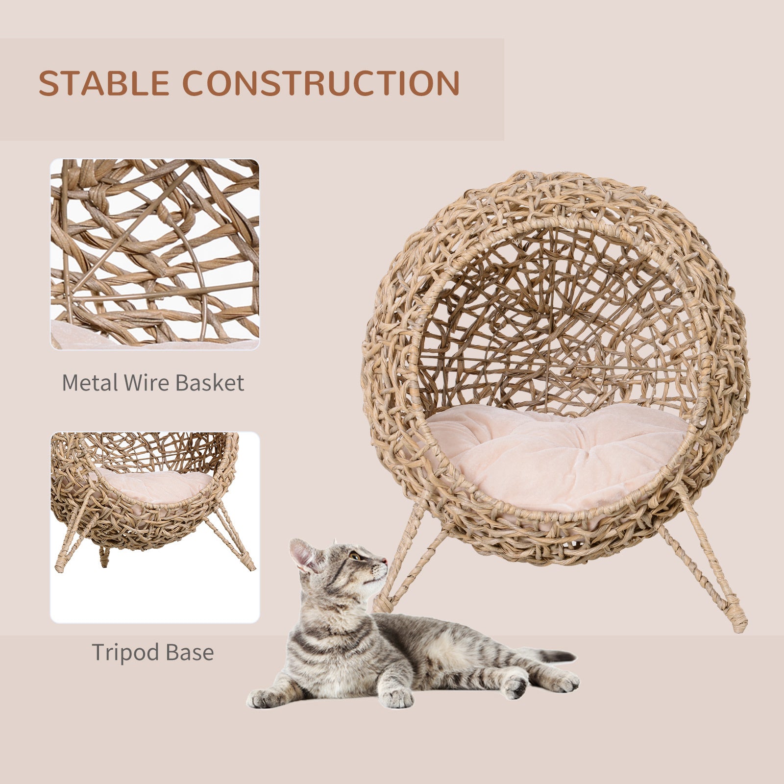 PawHut 20.5" Weaved Cat Bed, Elevated Hand-woven Braided Banana Leaf Kitten House Condo with Cushion - Beige