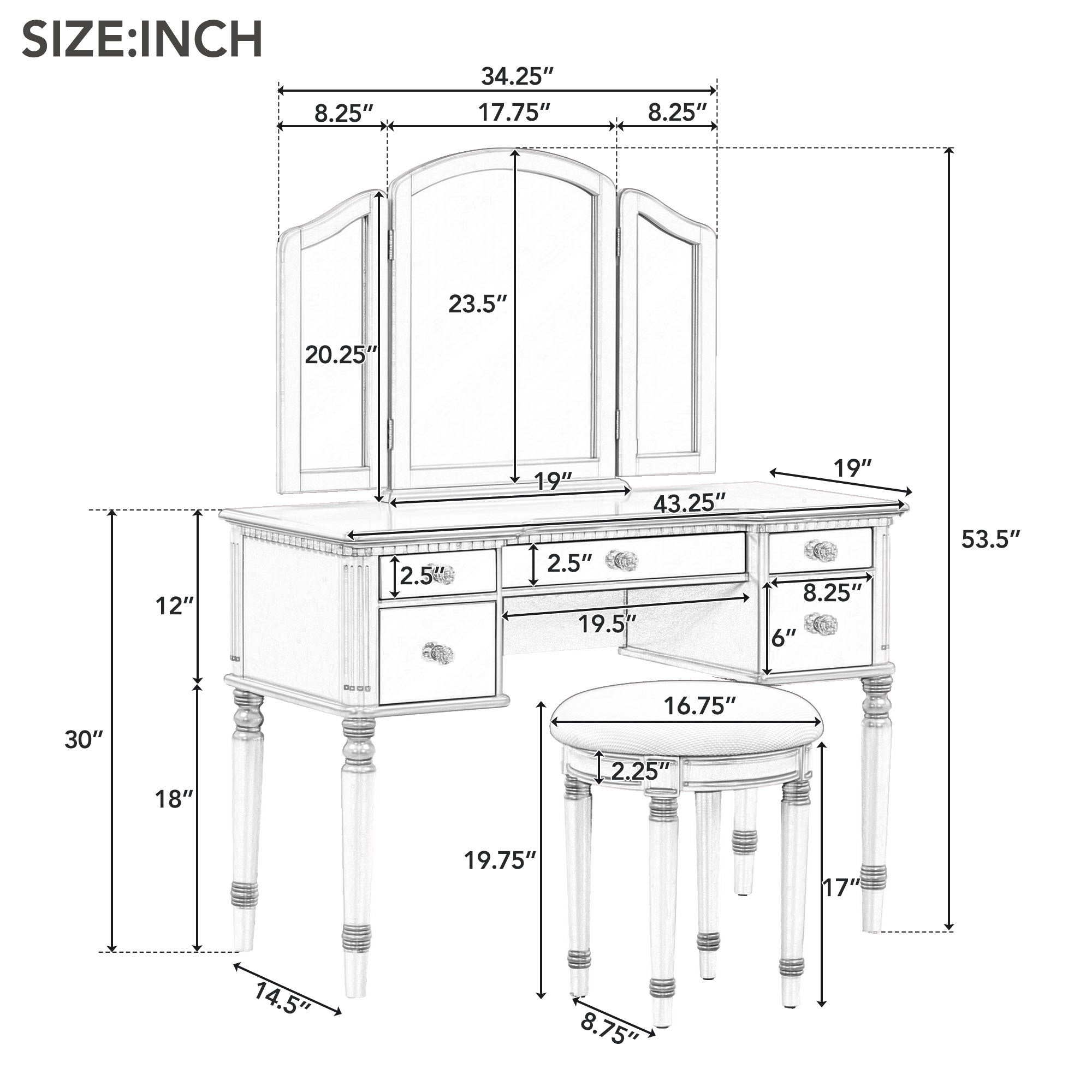 43" Makeup Vanity Set With Mirrored Drawers And Stool - Silver