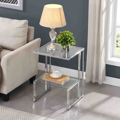 Silver Chrome Side Table, 2-Tier Acrylic Glass End Table