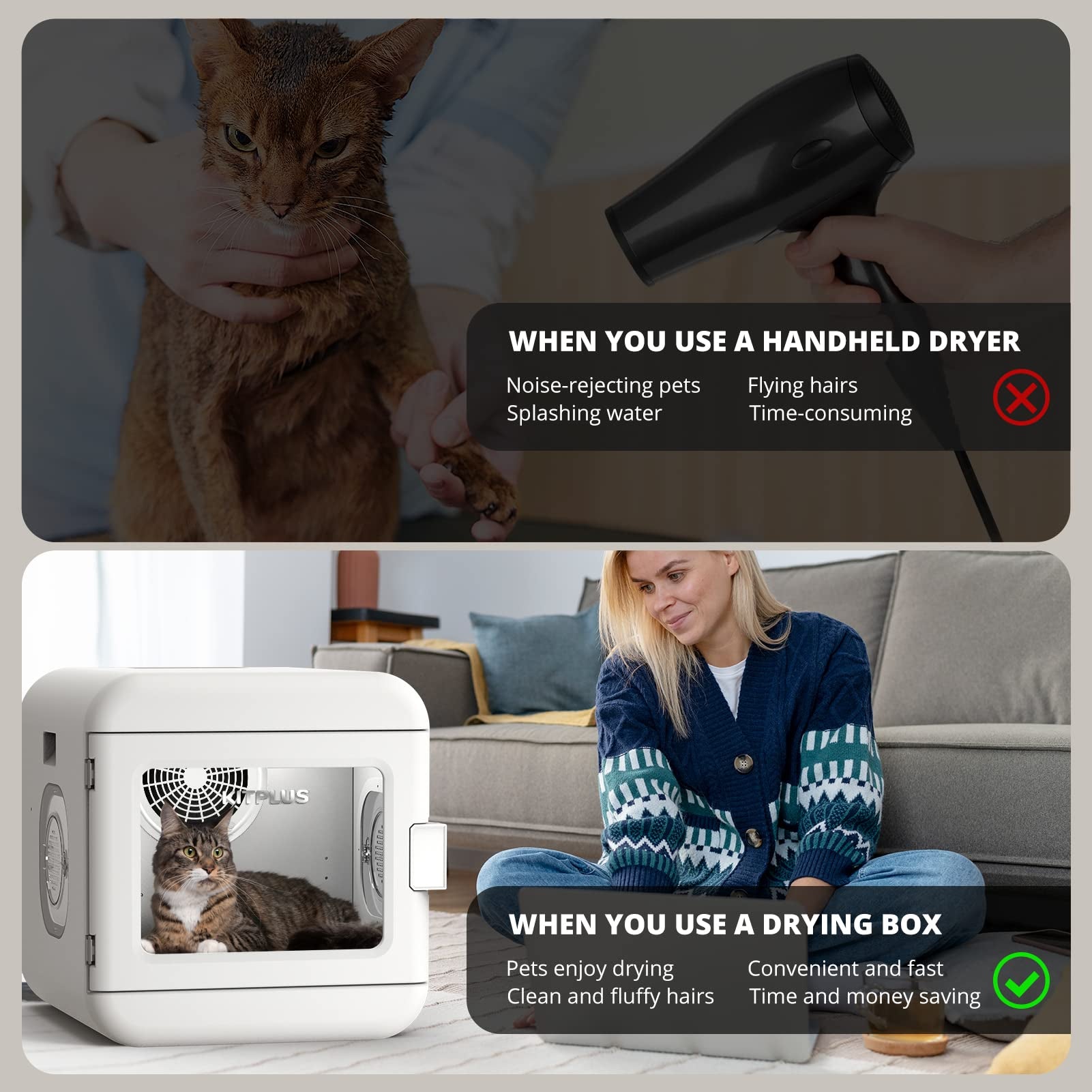 Pet Hair Dryer Box, Ultra Quiet Blow Dryer 6L Capacity for Cats and Small Dogs, Professional Fast Drying Blower, 360 Degree Warm Wind