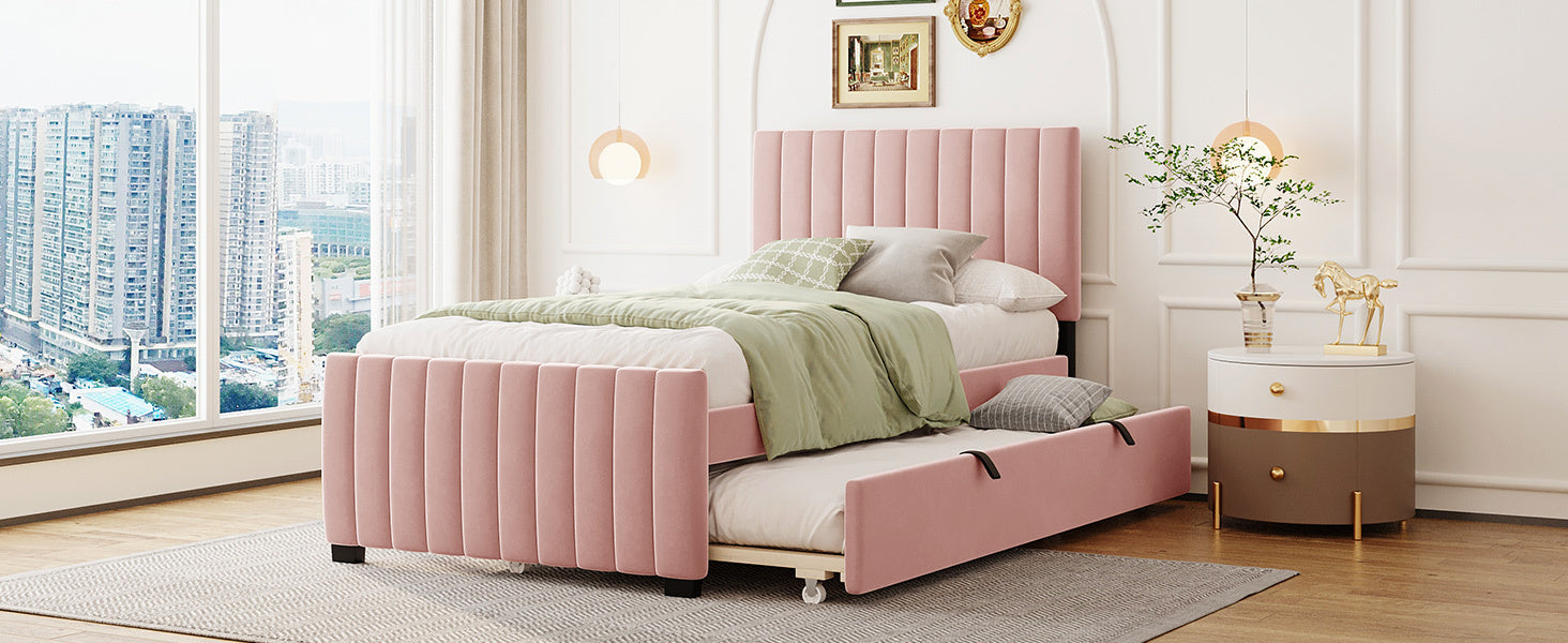 Twin Size Velvet Upholstered Platform Bed with Twin Size Trundle - Pink