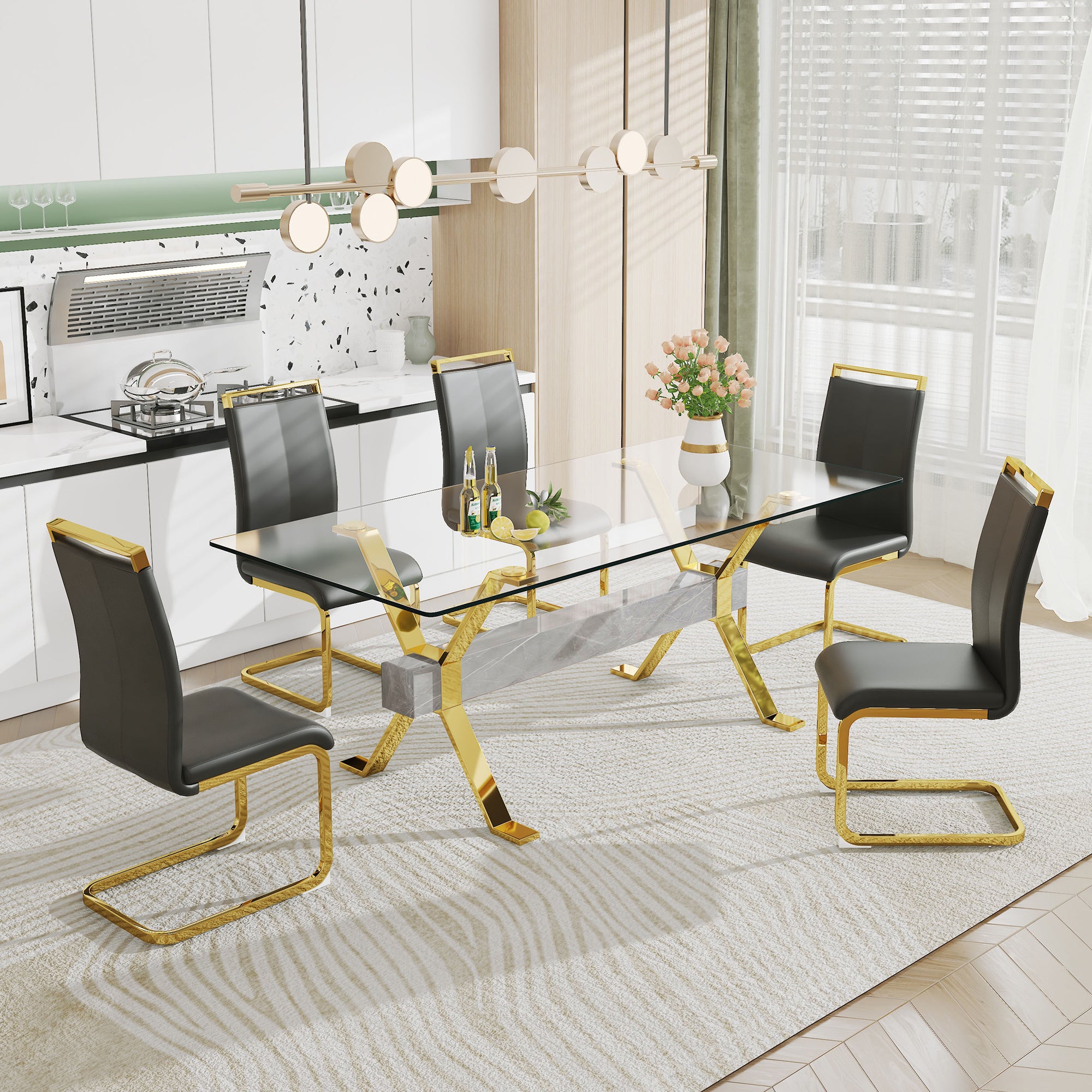 Modern Tempered Glass Dining Table - Transparent with Gold Plated Metal Legs (no chairs included))