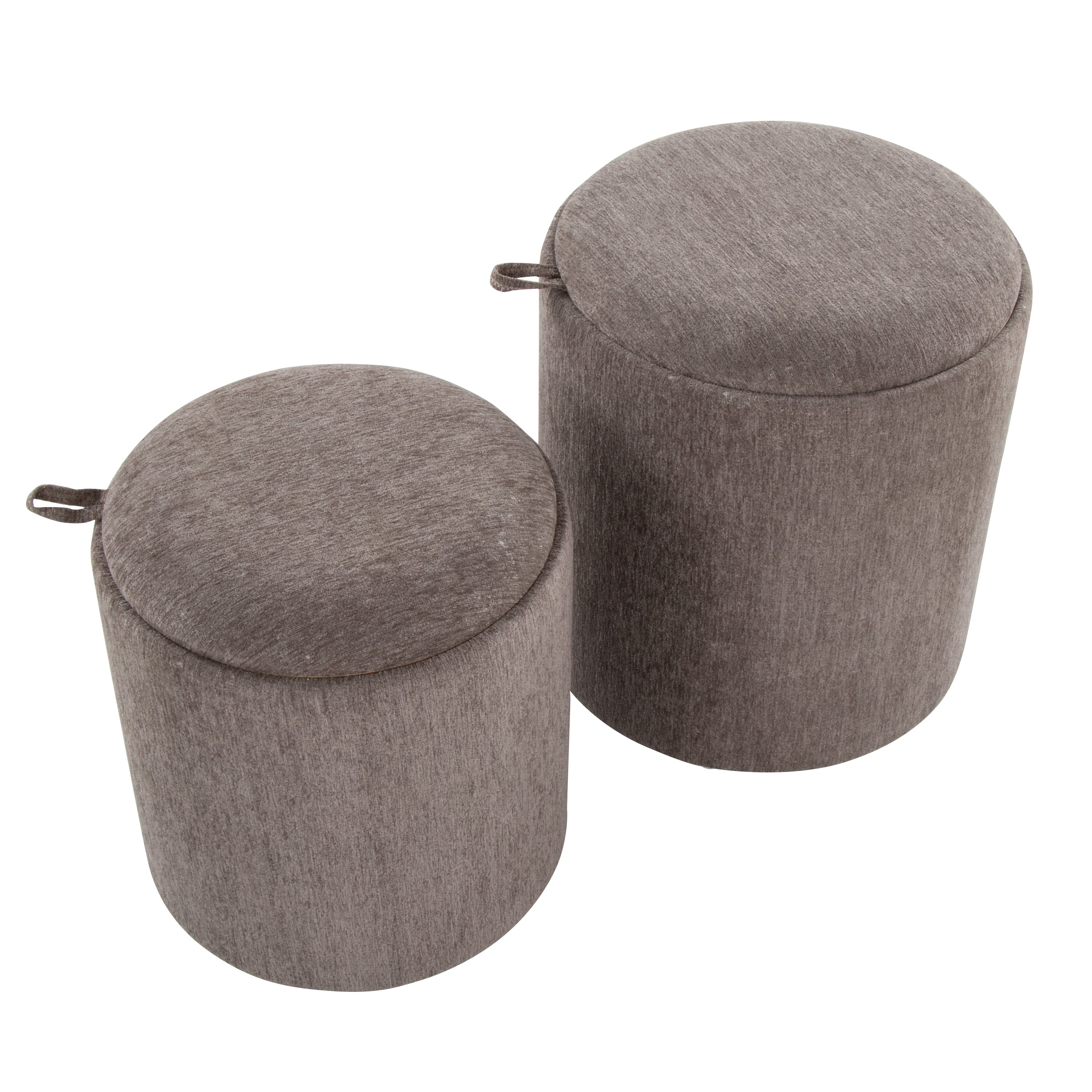 Tray Contemporary Nesting Ottoman Set in Brown Fabric and Natural Wood