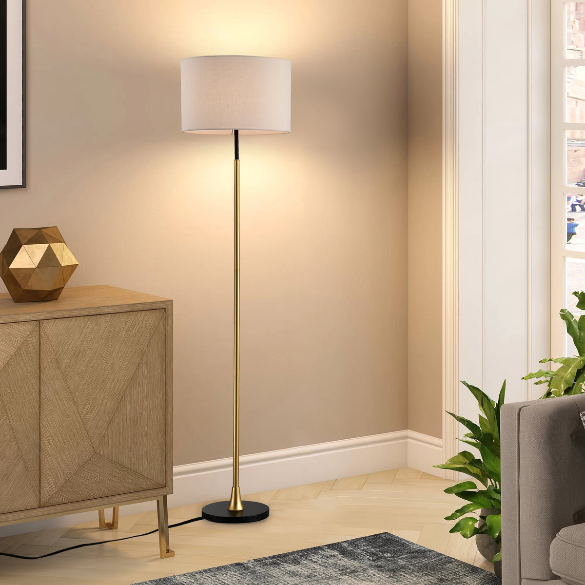 Floor Lamp with Beige Lampshade (No Included Bulb) - Matte Black+Matte Gold