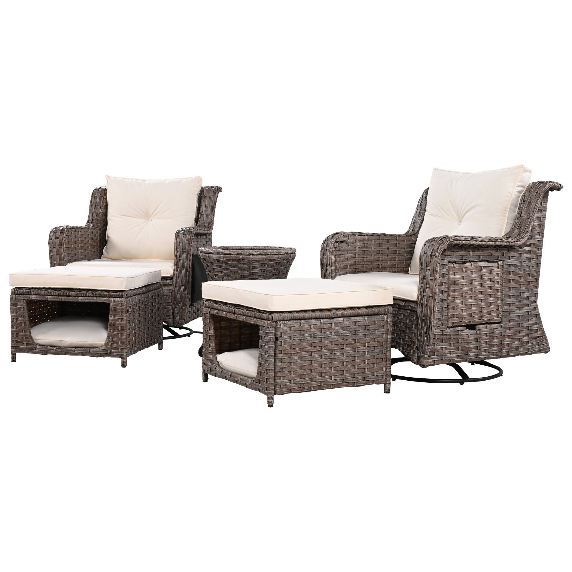 5 Pieces Outdoor Patio Furniture Set with Pet House Cool Bar and Retractable Side Tray, Rattan Wicker Patio Swivel Rocking Chairs Set of 2 with Ottomans - Beige