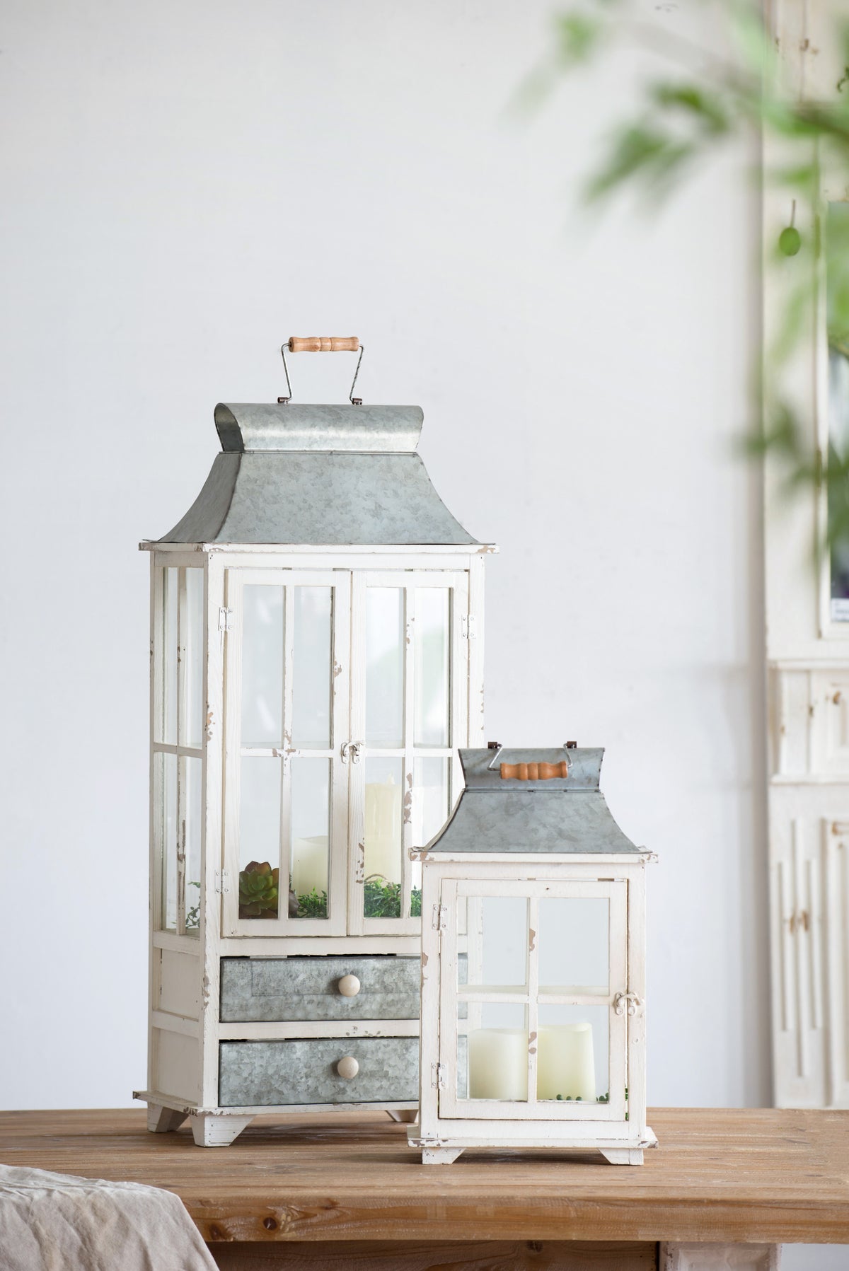 Wooden Candle Lantern Decorative (Set of 2) - Ivory