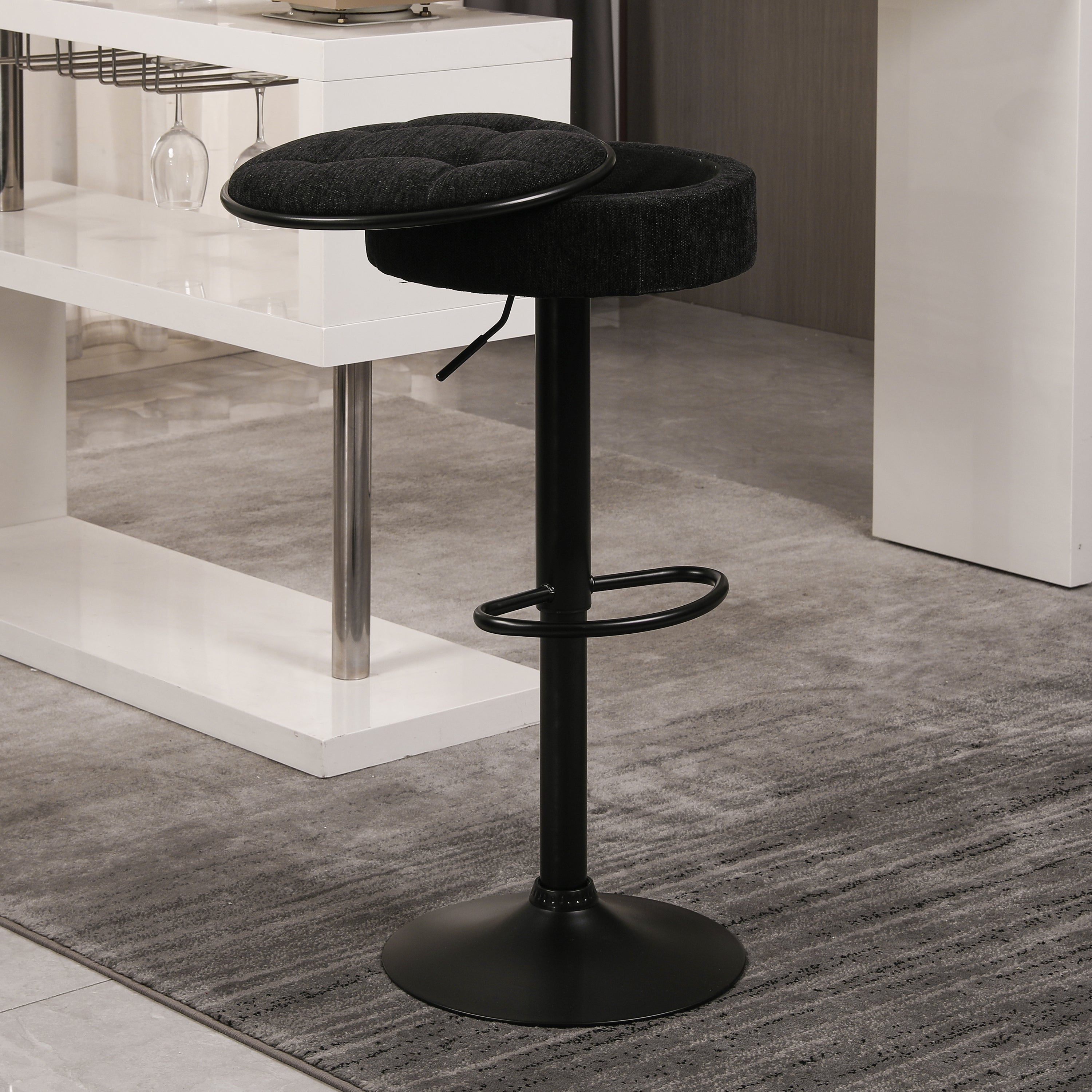 Set of 2 Round Storage Bar Stool Black Linen Height Adjustable Barstool, 360°Counter Height Swivel