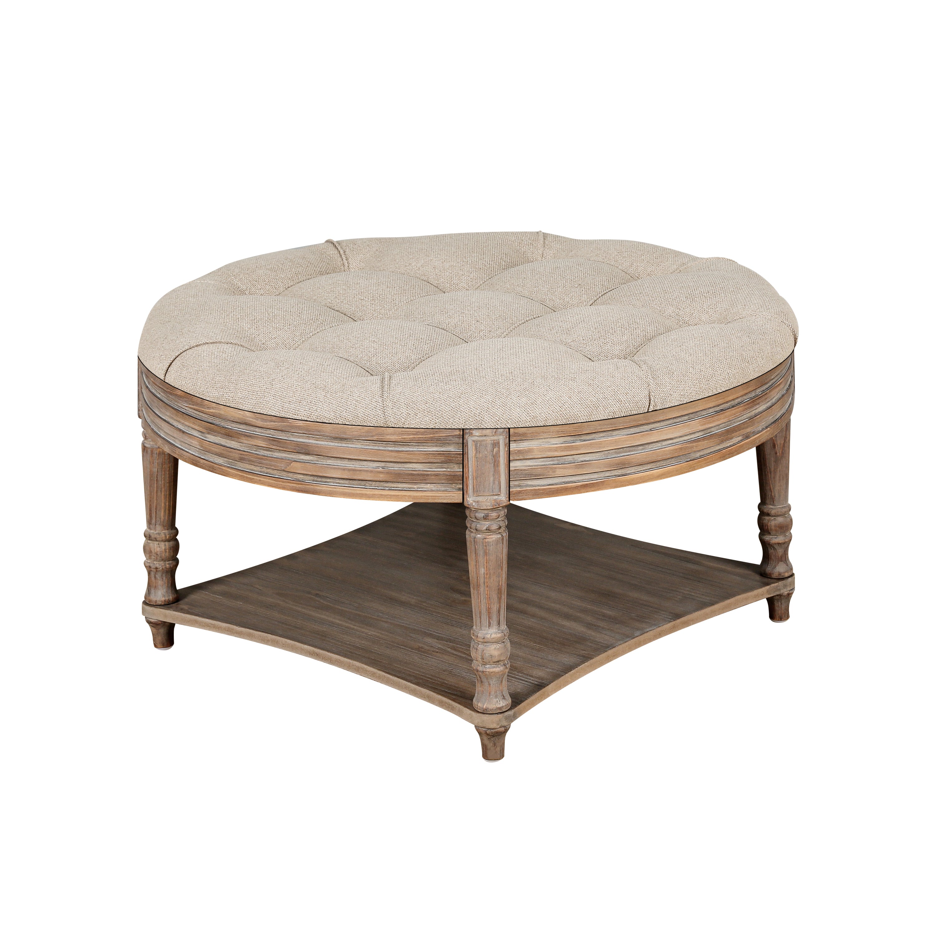 Large Round Ottoman Coffee Table 2 Tier Oversized Button Tufted Ottoman with Wooden Shelf Storage Farmhouse Upholstered Coffee Table Living Room Footstool Ottoman Linen